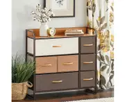 Chest of 7 Drawers Clothes Storage Cabinet Tower Dresser Organizer Unit Fabric Bin Steel Frame Living Room Bedroom