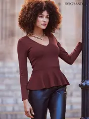 Sosandar Red Peplum Hem Fine Knit Chocolate Top (276435) | $127