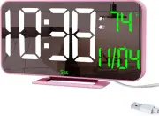 Digital LED Mirror Alarm Clock with Auto Dimming and Temperature, Creamy Pink