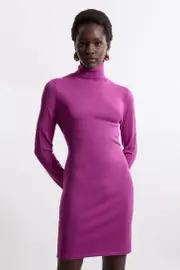 Viscose Blend Turtleneck Thumbhole Cuff Knit Mini Dress
