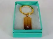 Key Ring ~Stainless Steel Gold Tone Textured Lines & Gemstone ~NEW # 5230190