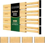 DelSol 4 Pack Drawer Dividers with 4 Inserts, Bamboo 43-56 cm Adjustable Dresser Drawer Splitter, Expandable Kitchen Separators for Bedroom, Baby Clothes,Office Storage Organization-Natural