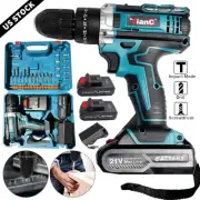 Electric Cordless Impact Hammer Drill & Bits Set Driver Screwdriver＋2 Battery US