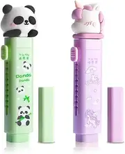 CEJAS Set of 2 Pencil Style Erasers, 2 Retractable Erasers + 2 Refill Erasers, Refillable Precision Eraser for Pencils Drawing, Learning, Office (Panda + Unicorn)