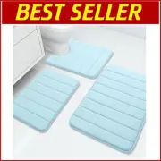 Soft Non-Slip Memory Foam Bath Rugs Set - Includes 3 Washable Mats in Light Blue