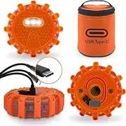 USB-C Rechargeable LED Road Flares Emergency Lights-Large Capacity (Lithium Battery) 3 in 1 Cable Roadside Warning Car Safety Beacon Flashing Disc Flare Kit with Magnetic Base for Vehicles