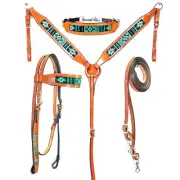 western Leather Equestrian Tooled Beaded Headstall,Breast Collar & Reins. (H066)