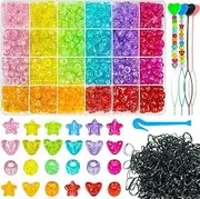 1680Pcs Pony Beads Heart Star Hair Bead for Hair Braid, Acrylic Star Heart Glitter Sparkle Large Hole Pony Beads with Elastic Rubber Band Threaders Kit for Hair Bracelets Jewelry Making (Glitter)