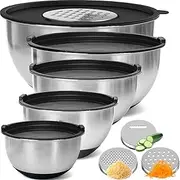 CHONYI Mixing Bowls Set with Airtight Lids,5PCS Stainless Steel Nesting Bowls with 3 Grater Attachments,Non-Slip Bottom Kitchen Bowls Size 5, 4, 3, 2, 1.5QT for Mixing & Baking (Black)
