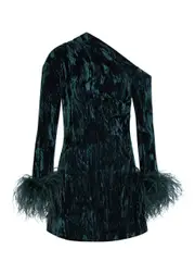 16 Arlington Adelaide Feather-trimmed Velvet Mini Dress - Teal - 10 (UK10 / S) 10 (UK10 / S)
