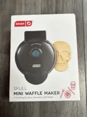 New Dash Skull Mini Waffle Maker Non sStick 4" Cooking Surface Black.