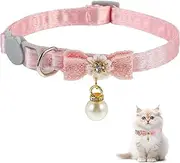 Cat Collar Breakaway, Cat Collar with Pearl Pendant Quick Release Safe Buckle Pink Bowtie Adjustable Baby Kitten Collars Cute Cat Collar for Girl Cat (Style2)