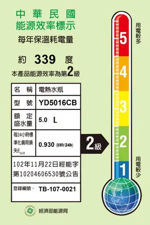 東元5公升多段調節電熱水瓶YD5016CB 廠商直送