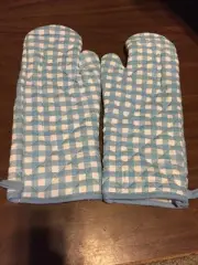 2~Oven Mitt Potholder Blue White Checker Country Quilted Hook Hot Pad New
