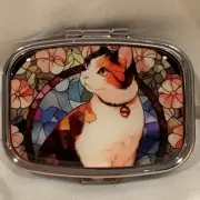 Stained Glass Cat Travel Pill Box 2 Compartment Medicine Pill Case NEW
