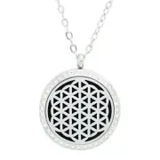 Flower of Life Aromatherapy Essential Oil Diffuser Necklace Silver with Crystals - Free Chain - Mothers Day Gift Idea
