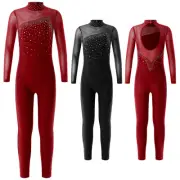 Girls One Piece Dance Unitard Rhinestone Long Sleeve Skating Full Body Jumpsuit