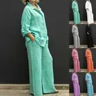 Light Blue Women's Lapel Shirt with Loose Straight Pants Two Piece Set