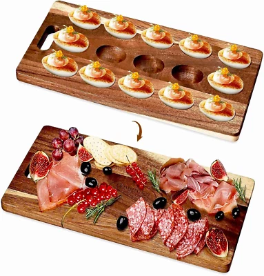 Acacia Wood Deviled Egg Platter, 15-Hole Tray and Small Charcuterie Board