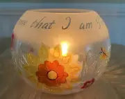Christian Glass Crackle Candle Holder Hand Painted Florals Psalm 46:10 New
