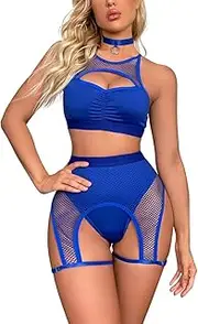 [ABAFIP] Women Rave Outfits Cutout Fishnet Top Booty Shorts Bottom Choker 3Pcs Babydoll Nightwear Festival Lingerie