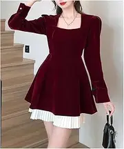 [ZTRZHCHYA] Mini Dress Women Long Sleeve Square Collar Birthday Party Vestidos High Waist Female Dresses(Wine Red,Small)