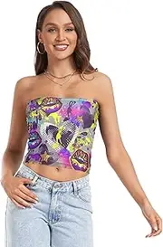 [GuoChe] Women's Strapless Crop Tops 1970s Disco Retro Grunge Graffiti Soft Push Up Bandeau Stretchy Tube Top for Summer, 1970s Disco Retro Grunge Graffiti47, Large