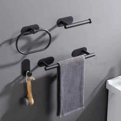 Towel Bar Bathroom No Drilling Stainless Steel Black Towel Rack Accessory Set