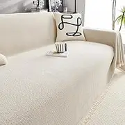 Cream Chenille Sofa Cover, (Stylish Universal Boho) Sofa Towel, Dog and Cat Sofa Cover, Sofa Cover, Non-Slip, Anti-Cat Scratch, All Seasons, Multipurpose Blanket with Fringe (White, 180 * 300)