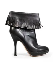 Black Leather Studded Fringe Accents Boots