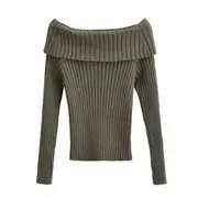 Long Sleeve Off-Shoulder Plain Ribbed-Knit Sweater Army Green - S