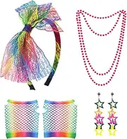 80s Fancy Dress Costume Accessories for Women, 1980s Fancy Party Costume Set with Lace Headband Earrings Necklace Fishnet Glove, Fancy Party Costume for Retro Party