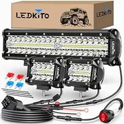 LEDKITO 12 Inch LED Light Bar and 2PCS 4 Inch Pod Lights Off Road Lights With Switch 3 Lead Wiring Harness Triple Row Spot Flood Combo LED Light Bar for Truck Car UTV Boat
