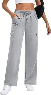 [Neer] Women's Cargo Sweatpants High Waisted Wide Leg Sweat Pants Drawstring Casual Baggy Joggers Straight Trouser with Pockets
