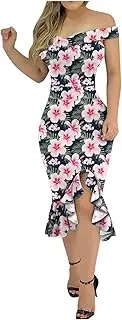 [Generic] Summer Dress for Women Plus Size Slit Floral Ruffle Plain Women Print Dress Hem Loose Fashion Shoulder Cold Dress Women's Dress Download Dresses