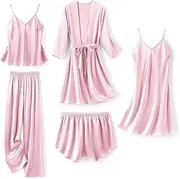 [SAPJON] Silk Pajamas for Women 5Pcs Sleepwear Loungewear Satin Robe Cami Shorts Pj Set
