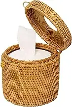 Rattan Tissue Box Toilet Paper Cover Wicker Decorative Holders with Lid 5.9 Dia X 5.5 H in for Storage Single Roll and Tissues Protector in Bathroom, Round Toilet Holder Basket (Honey Brown)
