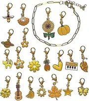 [AMOBESTER] Clip on Charms Mix Sunflower Maple Bee Plated Charms with Paperclip Link Chain DIY Bracelet Kit for Women, Zinc Stainless Steel, No Gemstone