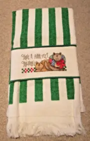 Handmade Finished Cross Stitch Towel - Cats Wreath Holiday Purr-fect