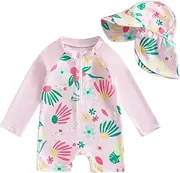 [YILEEGOO] Baby Boy Girl Summer Long Sleeve Swimsuit Zipper Swimwear Toddler Infant Rash Guard One Piece Bathing Suit with Sun Hat