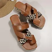 [SWTKO] Women Orthopedic Sandals Summer Wedge Sandals Slip on Flat Beach Slides Shoes Leopard Print Walking Slippers Non Slip PU Leather Flip Flops,Brown,US11/EU42