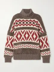 [Brunello Cucinelli] Brunello Cucinelli - Paneled Jacquard-knit Wool And Cashmere-blend And Mohair-blend Turtleneck Sweater - Brown - large large Brown
