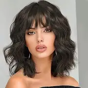 QUEENTAS Short Bob Black Brown Wigs for Women Shoulder Length with Bangs Wavy Wig Synthetic Hair Wig