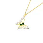 9ct Gold Created Emerald & Diamond Butterfly Pendant in Green