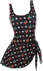 [Micotaku] Strawberry Shortcake Officially Licensed Retro Swim Dress: 80s Polka Dot, Black & Red Ruffled Skirt with Stacked Bow, Black and Red, Large