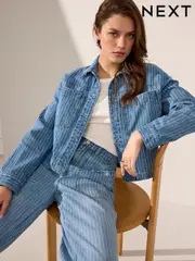 Mid Blue 100% Cotton Stripe Denim Shacket (E97810) | $84