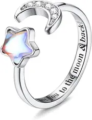 [Kakonia] 925 Sterling Silver Rings for Women Girls Adjustable Moonstone Opal CZ Open Ring I Love You to The Moon&Back Ring Moon Star Stackable Knuckle Thumb Promise Wedding Engagement Rings