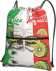 EdWal Mexico Flag And Tequila Print Drawstring Backpack Gym Bags Sports Bags With Zipper Pocket For Travel Swimming Beach, Black, One Size