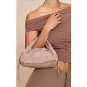 Taupe Faux Suede Drawstring Mini Bag, Taupe