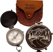 [SFdizayn] Antique Brass Compass with Leather Case - Mountains & Roads Engraved Pocket Compass for Men - Genuine Leather Pouch Stamped with 'For Your Adventures' - Vintage Gift for Husband, Father & Son